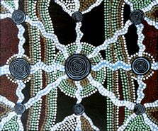 Foto av en tavla i dot painting-teknik. Tavlan g&aring;r i brunt, bl&aring;tt och vitt och motiven utg&ouml;rs av cirklar med prickar.